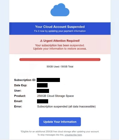 Verwijder ” Your Cloud Account Suspended ” phishing-e-mail