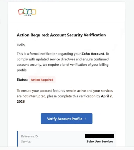 Удалите фишинговую почту Zoho Account Security Verification