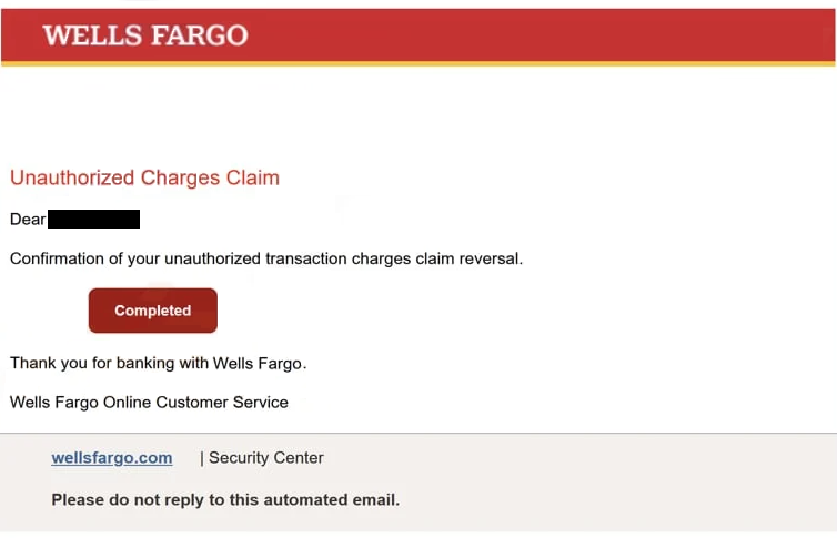 Remove “Wells Fargo – Unauthorized Charges” phishing email