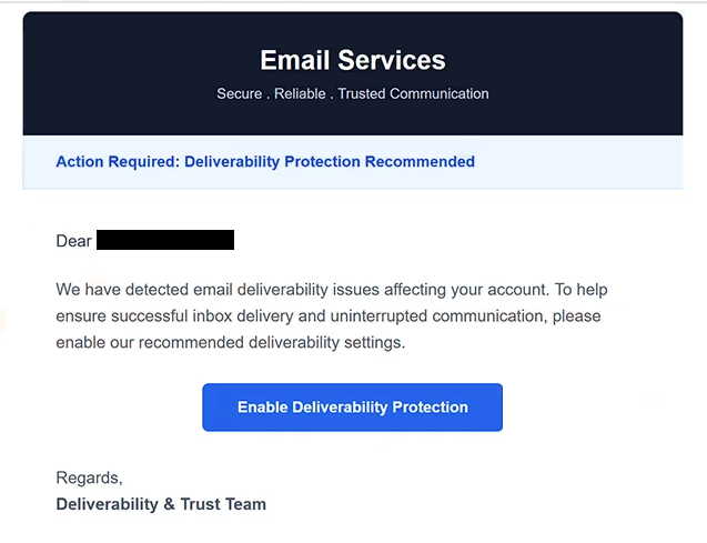 ” Action Required: Deliverability Protection Recommended ” Oltalama e-postasını kaldır