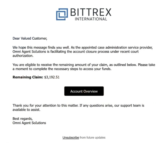 Eliminar Bittrex Remaining Claim la estafa de correo electrónico