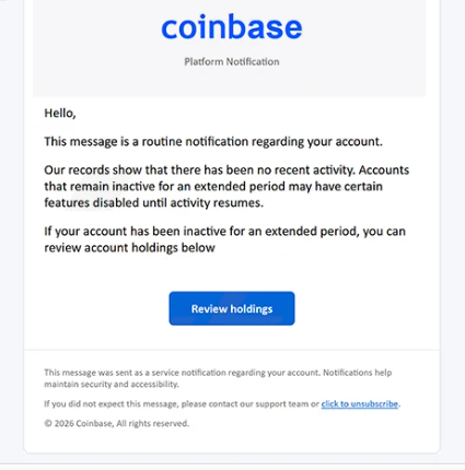 Rimuovi ” Coinbase – Your Account Has Been Inactive ” email di phishing