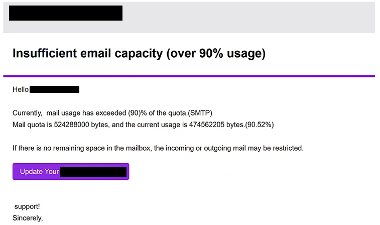 ” Insufficient Email Capacity ” Oltalama e-postasını kaldır