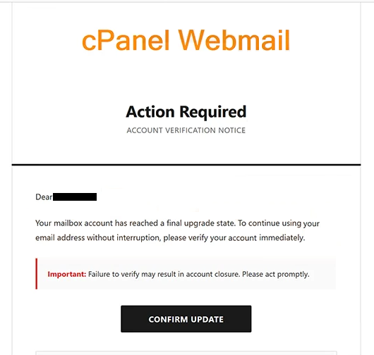 Supprimer les emails de phishing cPanel Webmail – Action Required
