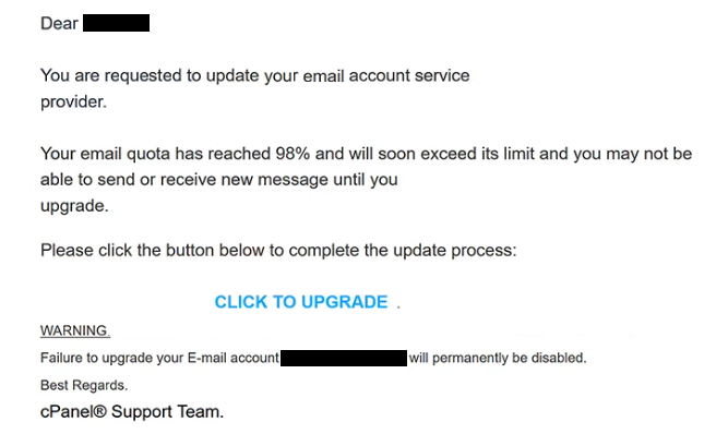 Eliminar el correo de phishing cPanel – Your email quota has reached 98%