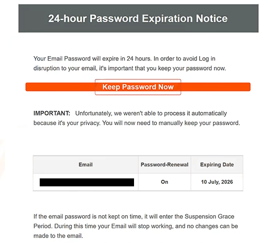 Eliminar el correo de phishing 24-Hour Password Expiration Notice