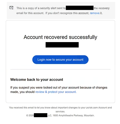 Eliminar el correo de phishing Account Recovered Successfully