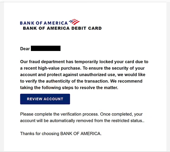Eliminar el correo de phishing Bank of America – Action Required: Debit Card Restricted