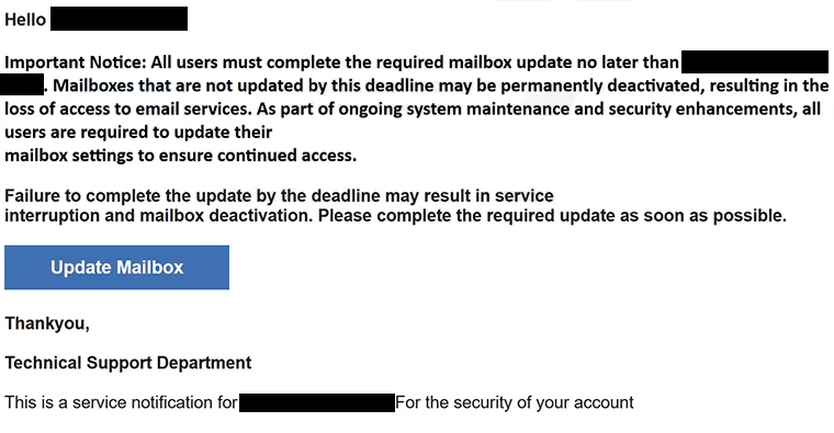 Eliminar el correo de phishing Complete The Required Mailbox Update