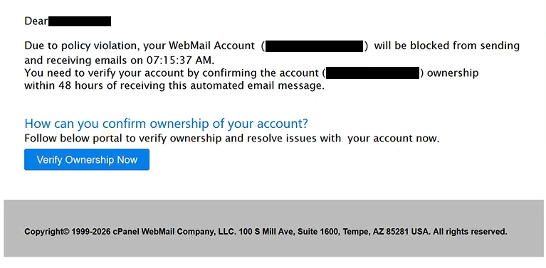 Remove “Due to policy violation, your WebMail Account will be blocked” phishing email