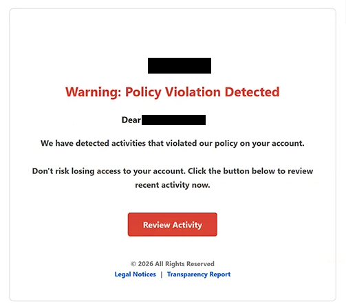 Rimuovi ” Warning: Policy Violation Detected ” email di phishing