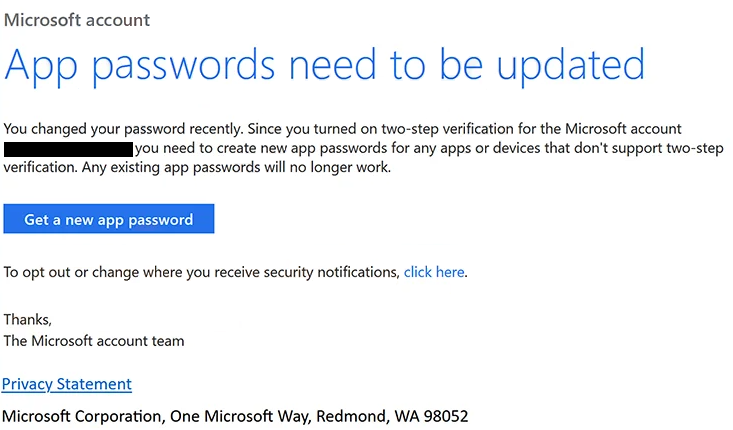 Remove “App Passwords Need To Be Updated” phishing email