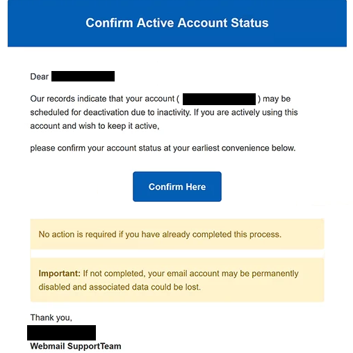 Remove “Confirm Active Account Status” phishing email