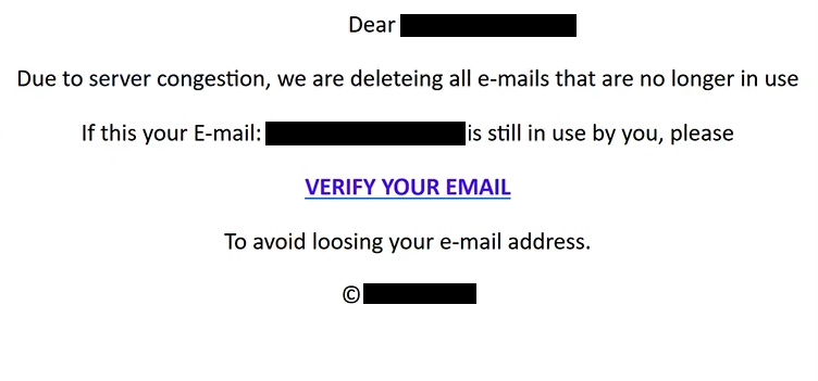 Remove “Due to server congestion, we are deleteing all e-mails” phishing email
