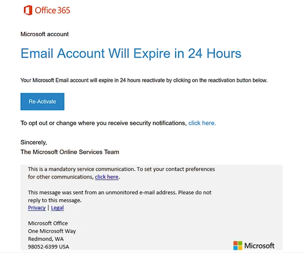 Phishing-E-Mail entfernen Microsoft Office 365 Email Account Will Expire