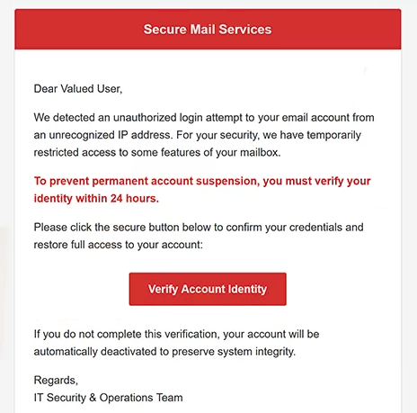 Rimuovi ” Security Alert Unauthorized Login Detected ” email di phishing