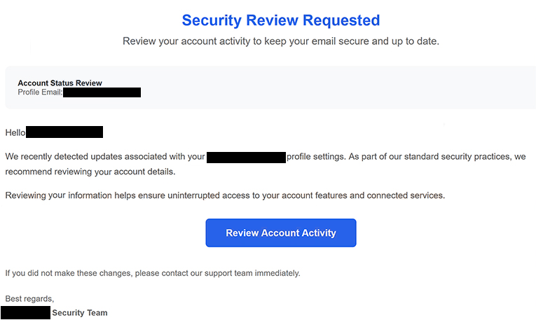 Remover e-mails de phishing Security Review Requested