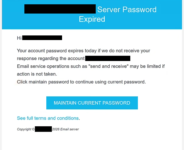 Eliminar el correo de phishing Server Password Expired