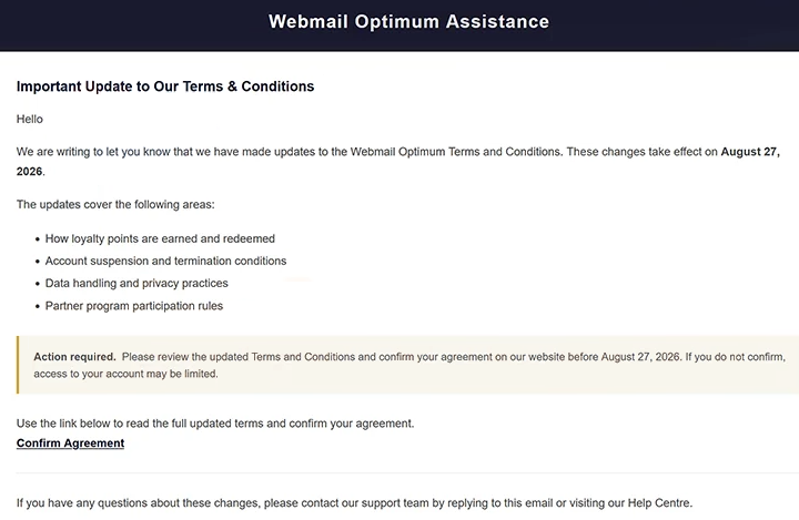Eliminar el correo de phishing Webmail Optimum Terms and Conditions Update