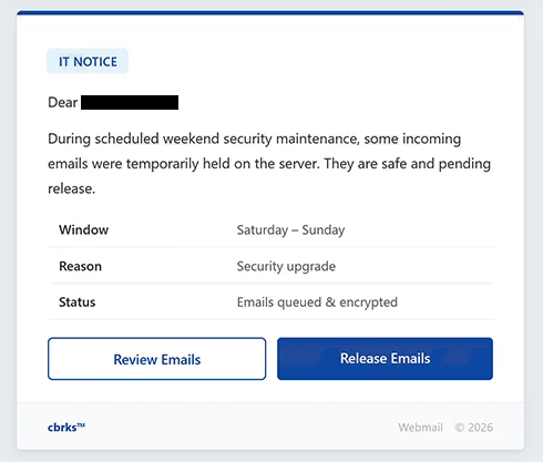 Rimuovi ” Weekend Security Maintenance ” email di phishing