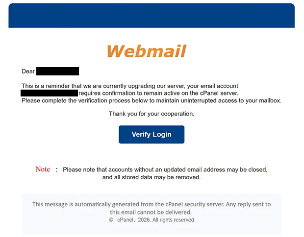 Remover e-mails de phishing cPanel Security Notification