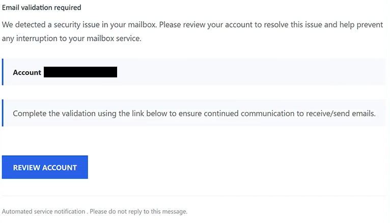 Eliminar el correo de phishing Email Validation Required