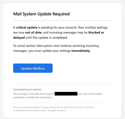 Remover e-mails de phishing Mail System Update Required