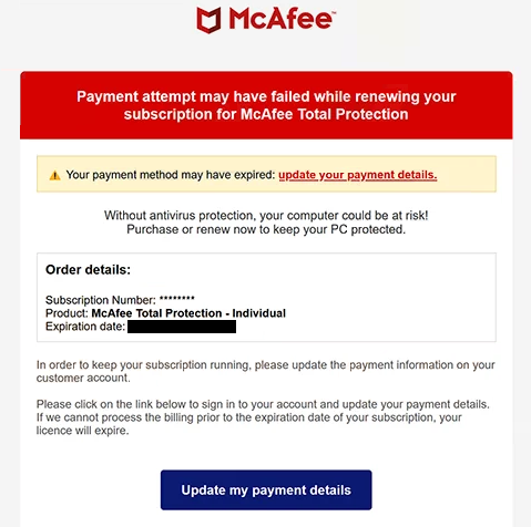 Verwijder ” McAfee – Payment Method May Have Failed ” phishing-e-mail