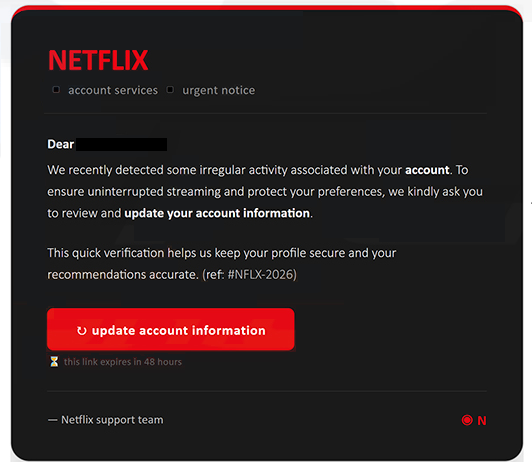 ” Netflix – We recently detected some irregular activity ” Oltalama e-postasını kaldır