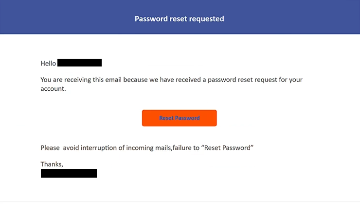 Supprimer les emails de phishing Password reset requested