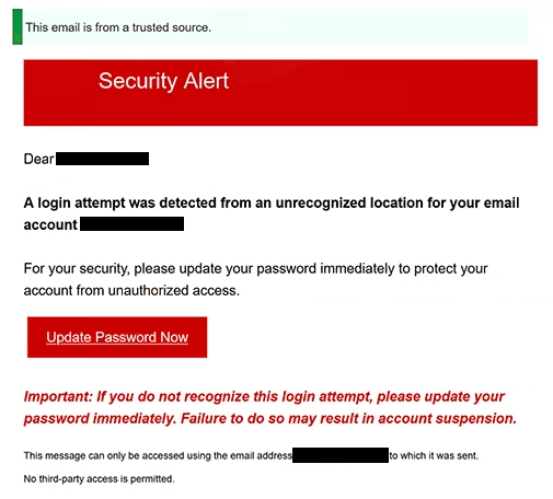 Remover e-mails de phishing Security Alert: Login attempt was detected from an unrecognized location