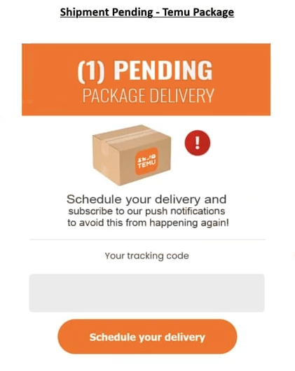 Remove “Shipment Pending – Temu Package” phishing email