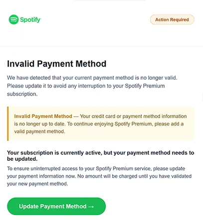 Remover e-mails de phishing Spotify – Invalid Payment Method