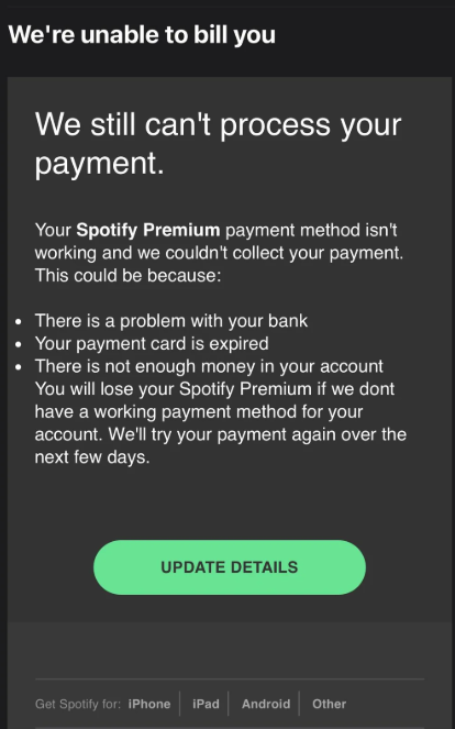Verwijder ” Spotify – We still can’t process your payment ” phishing-e-mail