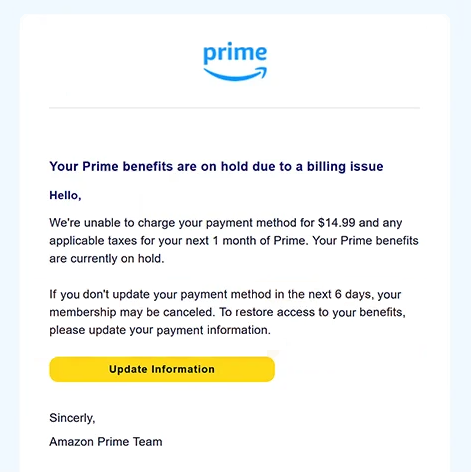 Verwijder ” Your Prime benefits are on hold due to a billing issue ” phishing-e-mail