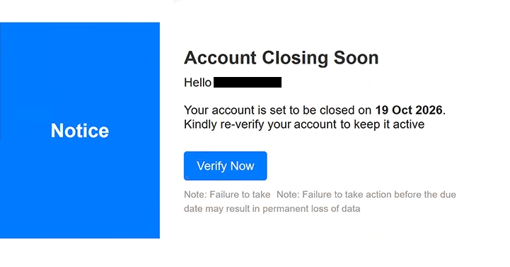 Rimuovi ” Account Closing Soon ” email di phishing