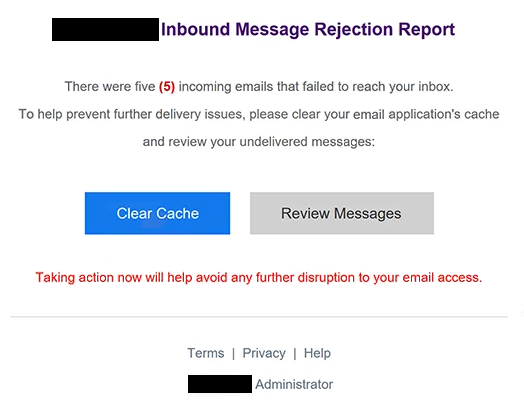 Rimuovi ” Inbound Message Rejection Report ” email di phishing
