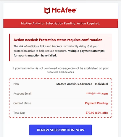 Phishing-E-Mail entfernen McAfee Antivirus Subscription Pending