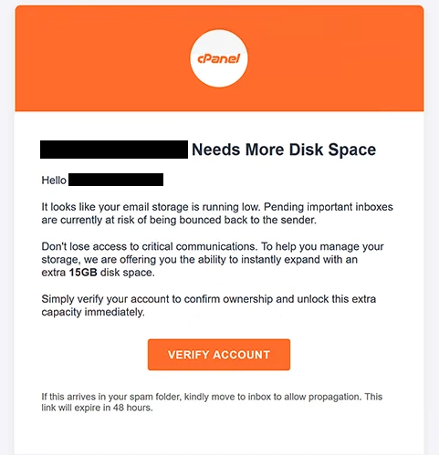 Phishing-E-Mail entfernen cPanel – Needs More Disk Space